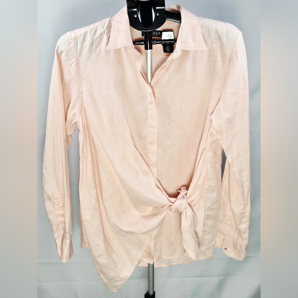 Ralph Lauren Black Label Linen Tie Front Minimalist Elevated Basic Top,‎ Large